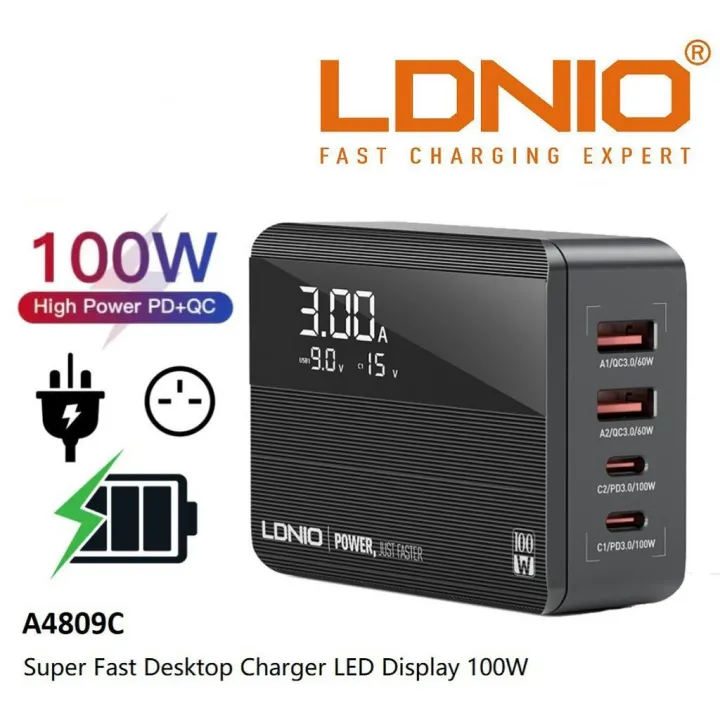 LDNIO A4808Q ( 65W )/ A4809C ( 100W ) LED DISPLAY DESKTOP CHARGER PD SUPER FAST CHARGING DESKTOP ADAPTER CHARGER LAPTOP