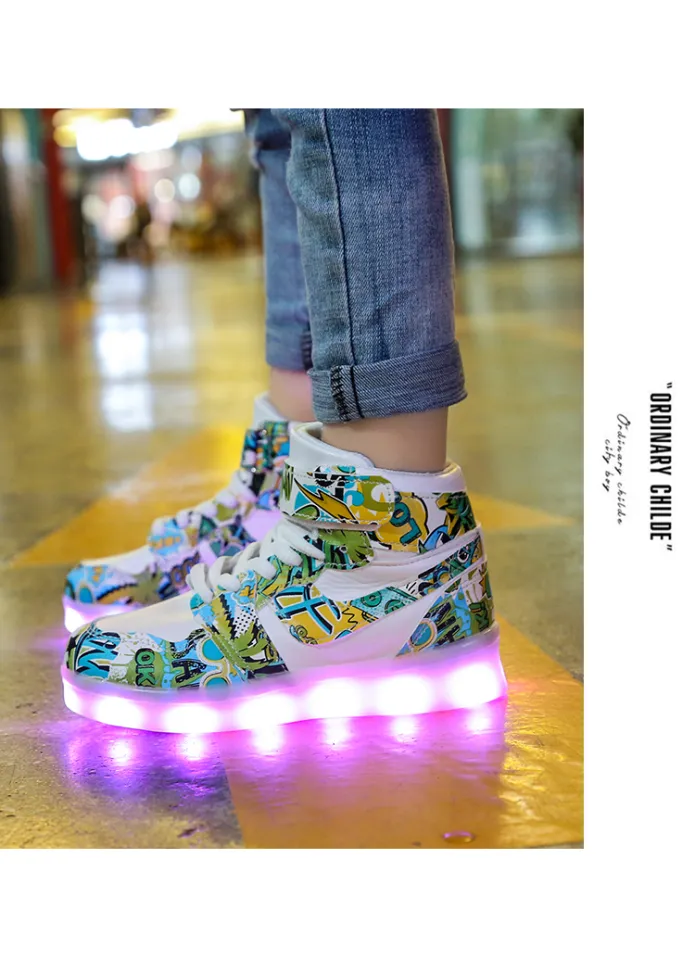 Children s luminous sports shoes usb charging girls colorful LED flashing lights ghost step hip hop soles with lights up boys shoes Lazada PH