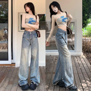 Retro light blue wide-leg jeans for women summer new tall loose versatile straight floor-length pants
