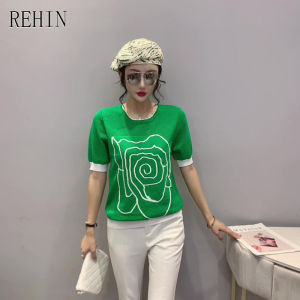 REHIN Womens top new summer stab fashion embroidery crochet knit short-sleeved T-shirt loose elegant blouse