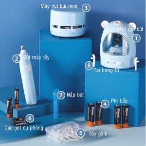 [Freeship] Bộ Gọt Bút Chì Tự Động Chạy Pin 8 món Gồm Gọt bút Bút Tẩy Gôm Hút bụi mini Tẩy gôm Pin Tai Trang Trí Lưỡi Gọt Thay Thế Tẩy- Quà Tặng Cho Năm Học Mới 2021