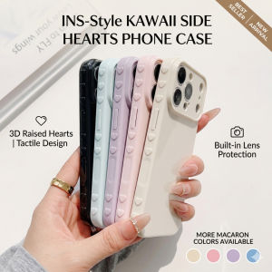 3D Side Heart Macaron Case for iPhone 17 13 12 11 Pro Max 16 15 14 Plus Soft TPU Shockproof Candy Color Girls Love Heart Cover