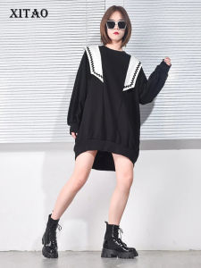 XITAO Patchwork Dress   Contrast Color Women Small Fresh 2024 Spring Pullover Full Sleeve Casual Style Dress XJ5139