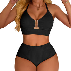 Charmo Push up Ribbed High Rise Bikini Sets Women Large Bust Longline Modest Bikini Swimsuits 2 Piece
