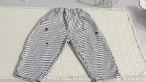 2026 Fall New Toddler Kids Pants Cotton Cartoon Embroidered Harem Pants Baby Boy Casual Striped Denim Baggy Trousers2026