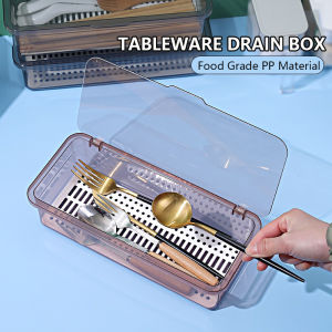 KINGREADY Tableware Drain Box With Cover / Dustproof Cutlery Container / Makeup Storage / Kitchen Storage Box