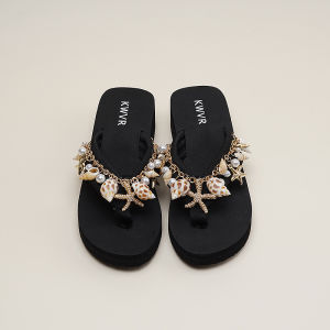 [Free Shipping] Vacation-Style Shell And Pearl Starfish Flip-Flops Thick-Soled Height-Increasing Beach Sandals Retro-Style WomenS Shoes Versatile Sandals