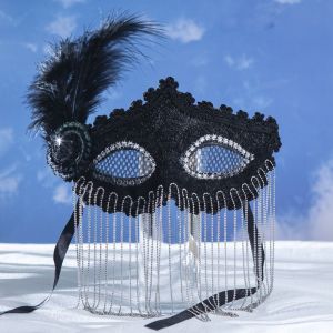 XUECHUANGYING Rhinestone Feather Venice Lace Carnival Costume Props Facial Jewelry Accessories Elegant Masquerade Jewelry Veil Tassel Photo Prop