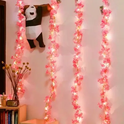 2M20LED Artificial Sakura Flowers Vine Fairy Light for Wedding Decoration Garden Arch Home Room Decor Party Bridal Fake Silk Outdoor Ornament
