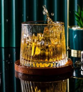 【Fans tone】 Rotating Whiskey Glass Classical Household Beer Cup High-End Crystal Wine Glasses Ins Wind Nordic Brandy Drinkware with Coaster