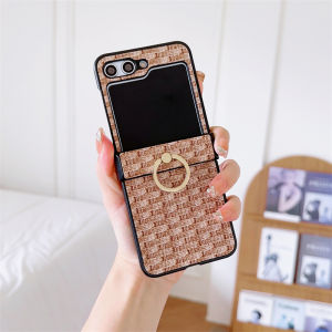 Phone Case Samsung Z FLip 5 Z FLip 3 Galaxy Z Flip 4 Z Flip 6 Case with Ring Embossed Leather Slim Fit with Anti Slip Flocking PC Back Cover Protective Cover Compatible with Galaxy Z Flip 5