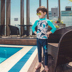 Swimming Suit for Boys Long Sleeve Beachwear for Baby Swimming Outfit for Kids Children Two Pieces Swimwear with Swim Cap 2-14 Y Teens Rash Guard Light Blue & Sharks Print