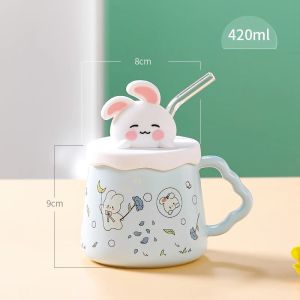 Cốc uống nước cốc sứ hình thỏ dễ thương làm quà sinh nhật quà tặng 420ml+Ống hút thuỷ tinh TTB 02
