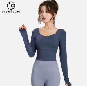 SUPERFLOWER Yoga Shirts with Bra Pads Sports Gym Fitness Long-sleeved T-Shirts Jogging Tops