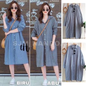 Sjm Tunik Salur Jisoo Biru Dan Abu Best Seller Ready Ukuran Jumbo Bahan Katun Premium Kualitas Import Fashion Muslim Kekinian Korea 058