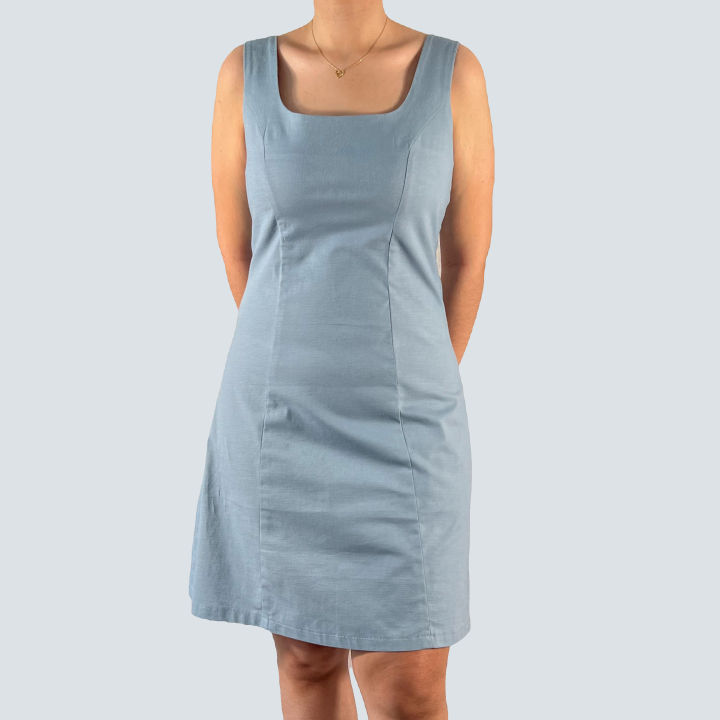 Nikocia [Becca] U-Shaped Neckline A-Line Stretch Linen Dress Plus Size  Party Dress Stone Blue Sleeveless Dress Business Casual Linen Dress -  Lazada | Lazada PH