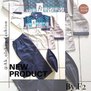 Baju muslim setelan koko anak laki laki terbaru lengan panjang bahan katun motif F2 bordir 1th-15th bonus peci