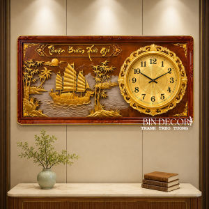 Tranh đồng hồ tráng gương thuận buồm xuôi gió trang trí decor phòng khách quà tặng