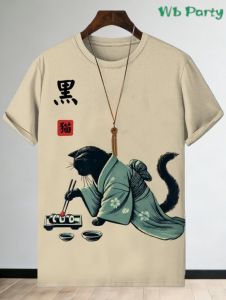 Japanese Cat Graphic T Shirts 3D Fun Animal Print Short Sleeve Tee Casual Round Neck Oversized T-Shirt Retro Mens Clothing Top