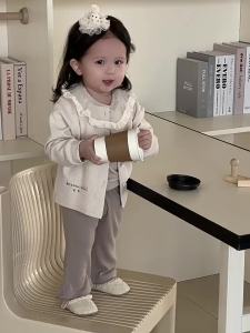 Baby autumn clothing 2025 Korean-style childrens clothing for girls large collar lace doll shirt set childrens apparel