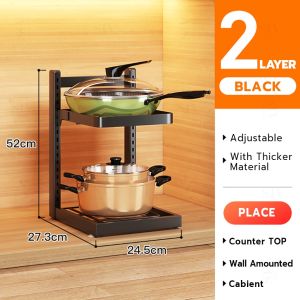 Household Adjustable Kitchen Rack 2-4 Tier Kitchen Pan Organizer Pot Rack Adjustable Under Sink Countertop Multipurpose Rack
