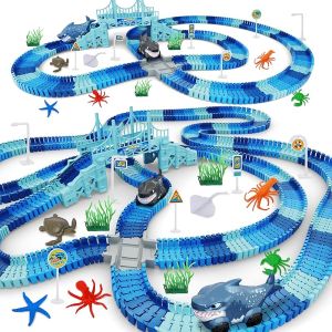 Dinosaur Toys 252 PCS Create A Dinosaur World Road Race Tracks Flexible Track Playset 2pcs Dinosaur Car for 3 4 5 6 Year Old Boys Girls Birthday Party Favor Gift