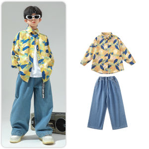 LOlanta ชุดยีนส์เสื้อเชิ้ตลายดอกแนวสตรีทสำหรับเด็กผู้หญิงกางเกงยีนส์แนวย้อนยุคชุดการแสดงฮิปฮอปแจ๊ซสำหรับเด็กนักเรียนชายเสื้อผ้าลำลองอายุ4-16ปี