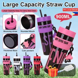 【BUY 1 TAKE GIFT】900ml Large Capacity Portable Straw Cup with Handle Outdoor Dopamine Water Bottle Sport Bottle For Outdoors【Zsfuture】