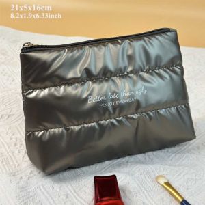 LIVELYN Large Capacity Makeup Bag Quilted Puffer Shiny Fluffy Beauty Pouch Bag Portable Zipper Pouch Toiletries Skincare Storage Bag Women