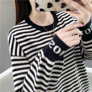 Sweater Female Autumn and Winter Korean Version of the Loose di yuan ling Striped Hoodie with Sleeves Knit Low Waist Jersey