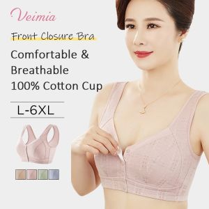 【OFFICIAL】Veimia Fixed-cup Front-closure Bra New Front-closure Underwear U-Shape Womens Soft Cotton Vest-style Bra For Middle-aged Elderly Women