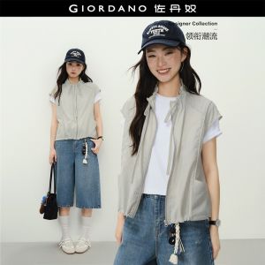 Giordano Women Drawstring stand collar cap sleeve jacket Free Shipping 18376504