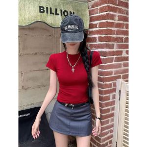 TerraFluxus Áo thun nữ áo thun ôm vừa vặn cho nữ phong cách Hàn Quốc mùa hè lưng thun cao vai thẳng áo thun nữ tay ngắn tôn dáng