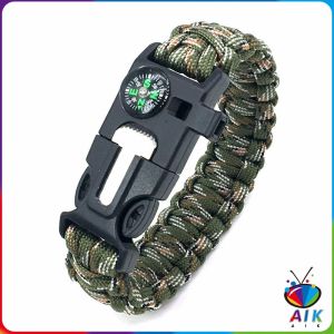 AIK เชือกรัดข้อมือ สายรัดข้อมือสีเขียว สำหรับเดินป่า มีด นกหวีด แท่งจุดไฟ เชือก เข็มทิศ 5in1 Outdoor Accessories