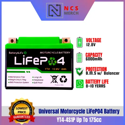 Battery4LiFe Universal Motorcycle Battery High Capacity LiFePO4 12v 6Ah BMS w Build-in Balancer YT4 Case Up to 175cc