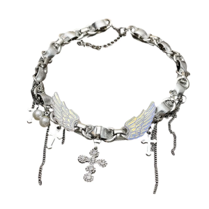 สร้อยติดคอยาวสร้อยพร้อมจี้ปรับได้สำหรับผู้หญิงทำจากเงินมีปีกและไม้กางเขนอุปกรณ์ทางศาสนาวินเทจ