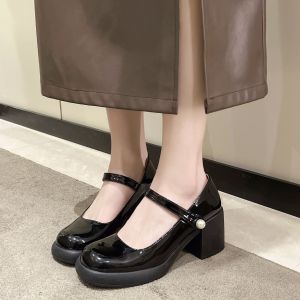 (Đặt lùi 1 size) Giày lolita nữ da bóng gót 6cm siêu hotGiày cao gót nữ quai cài ngang đính ngọc 2 màu kem đen cực xinh