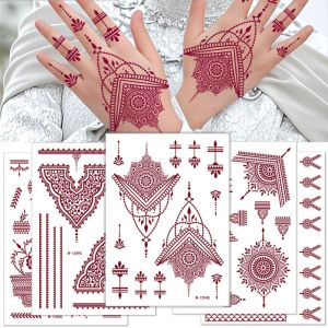 STARGOODS 9pcs น้ำตาลแดง รอยสักปลอมลูกไม้ ลูกไม้โปร่ง แบบอินเดีย ชุดสักชั่วคราว ป้องกันน้ำ ใบหน้า มือ เท้า ลายสักมือแบบสติ๊กเกอร์ ข้อมือ คอ