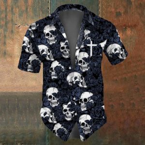 ZEEMIN 2024 Skull Mens Shirts 3d Cross Printed Short Sleeve Shirt For Summer Casual Man Clothing Retro Oversized Skull Shirts For Men