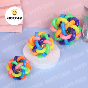 Bell Ball Colorful Rainbow Chew Toy Interactive Play Pet Toy Bite Resistant Teeth Cleaning Woven Ball with Small Bell