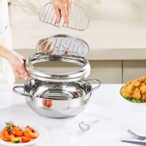 NOVAWEAR 2.2/3.2/4.2L Deep Frying Pot Stainless Steel with Thermometer Fryer Pot Non-Stick with Strainer Tempura Fryer Pan Kitchen Use
