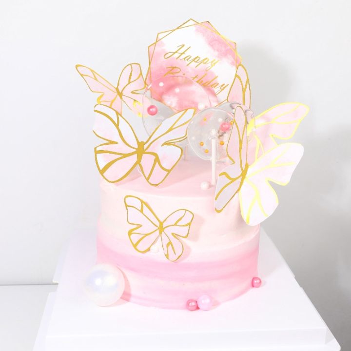 Colourful pink Gold Butterfly Happy Birthday Cake Topper Wedding Bride ...