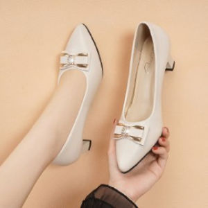 [Free Shipping] Professional WomenS Shoes Spring And Autumn Collection Mid-Heel Pumps Chunky Heel Comfortable For Mothers Soft-Soled Leather Shoes Suitable For Work