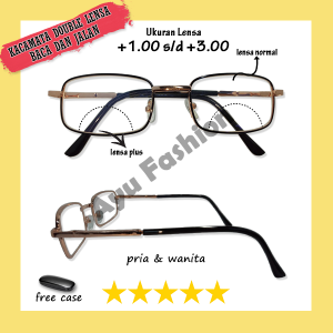Kacamata Rabun Dekat 2 Fungsi Untuk Baca Dan Jalan (BIFOCAL) PRIA WANITA Tersedia Ukuran +1.00 s/d +3.00 Frame Kotak Besi Metal Gaya Vintage Retro - FREE CASE