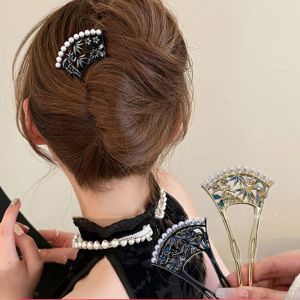 KEURGFKI U-shaped Fan Hair Stick Hollow Pearl Hanfu U Shape Hairpin Retro Chinese Style For Girl