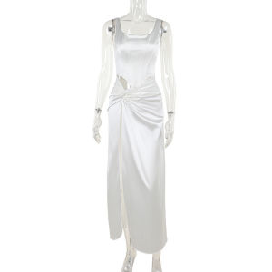 Waist Kink Split Satin Long Dress Women