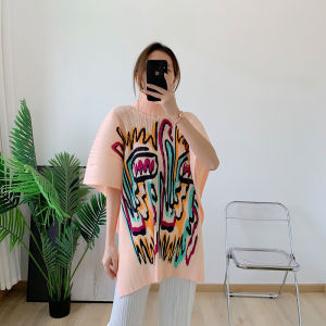 Miyake Pleated Fashion Printed Loose High Neck Women's Top X166