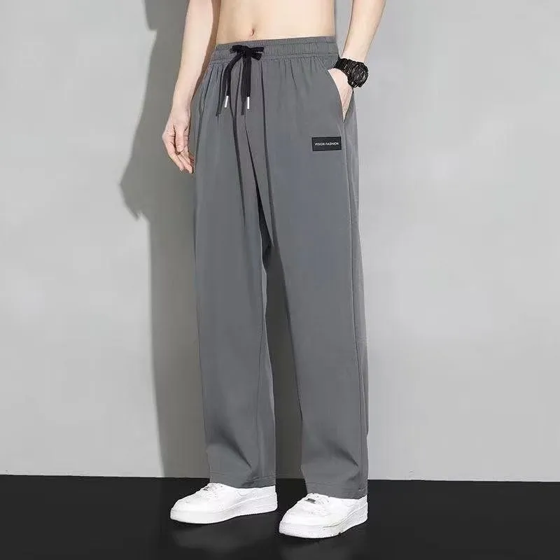 M-5XL New Men's Original Jogging Pants for Men Ice Silk Casual Oversized  Straight Zipper Pocket Cut Wide Leg Summer Fashion Jogger Pants Loose Trend 