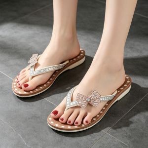 Womens fashionable flat flip-flops cute bow decoration rubber non-slip and waterproof casual suitable for outdoor wear