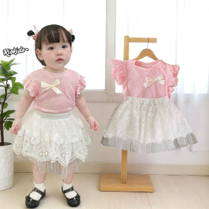BG25 Bộ áo hồng phối chân váy RIOKIDS quần áo đầy tháng thôi nôi cho bé gái sơ sinh